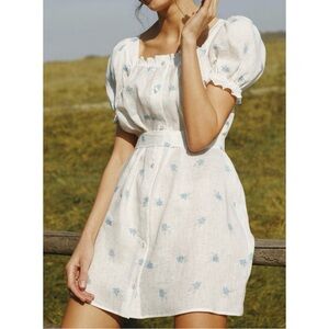 Sleeper Brigitte Linen Mini Dress in Linum Tie Waist Puff Sleeve Blue Floral M